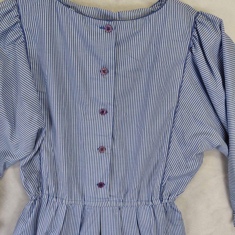 Vintage John Roberts Blue White Striped Cotton Midi Dress Puffy Sleeve Womens 8 - Picture 9 of 9